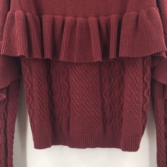 PROJECT Naadam Ruffle Cable Knit Sweater Mock Neck Burgundy Maroon Small - Picture 4 of 9